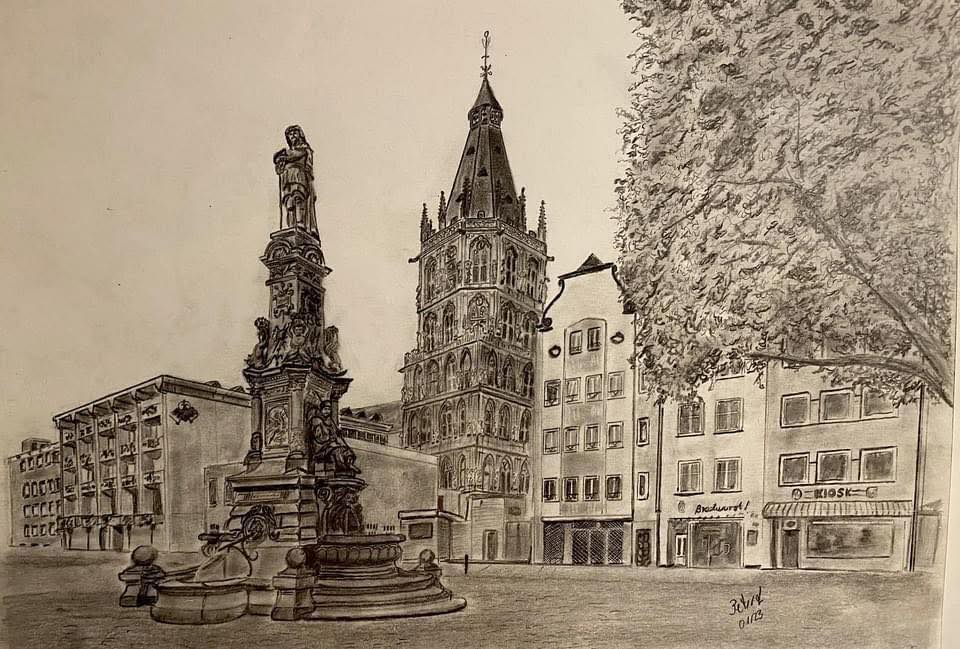 Zeichnung Alter Markt Köln mit Jan von Wert Denkmal