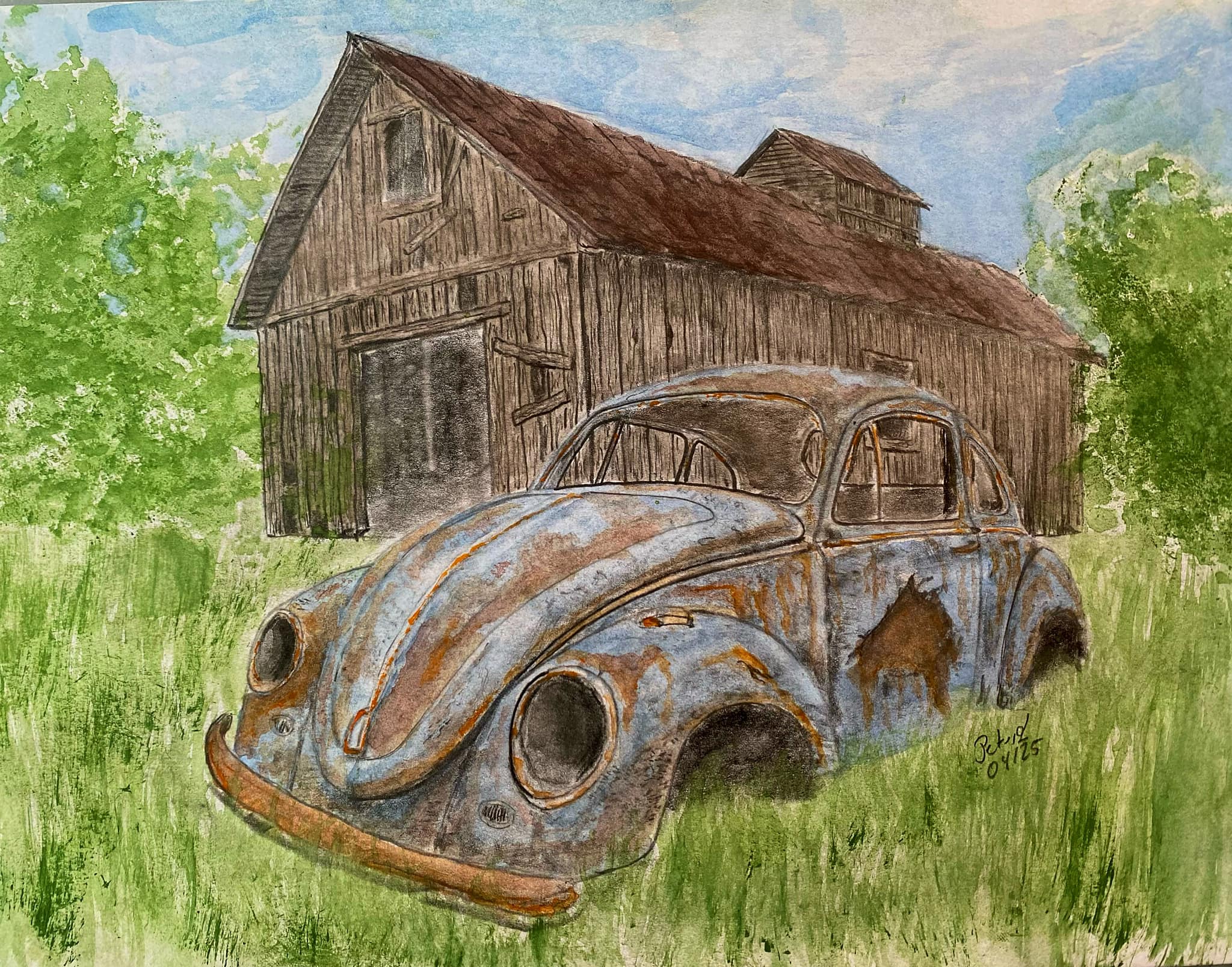 Aquarellzeichnung alter VW Käfer