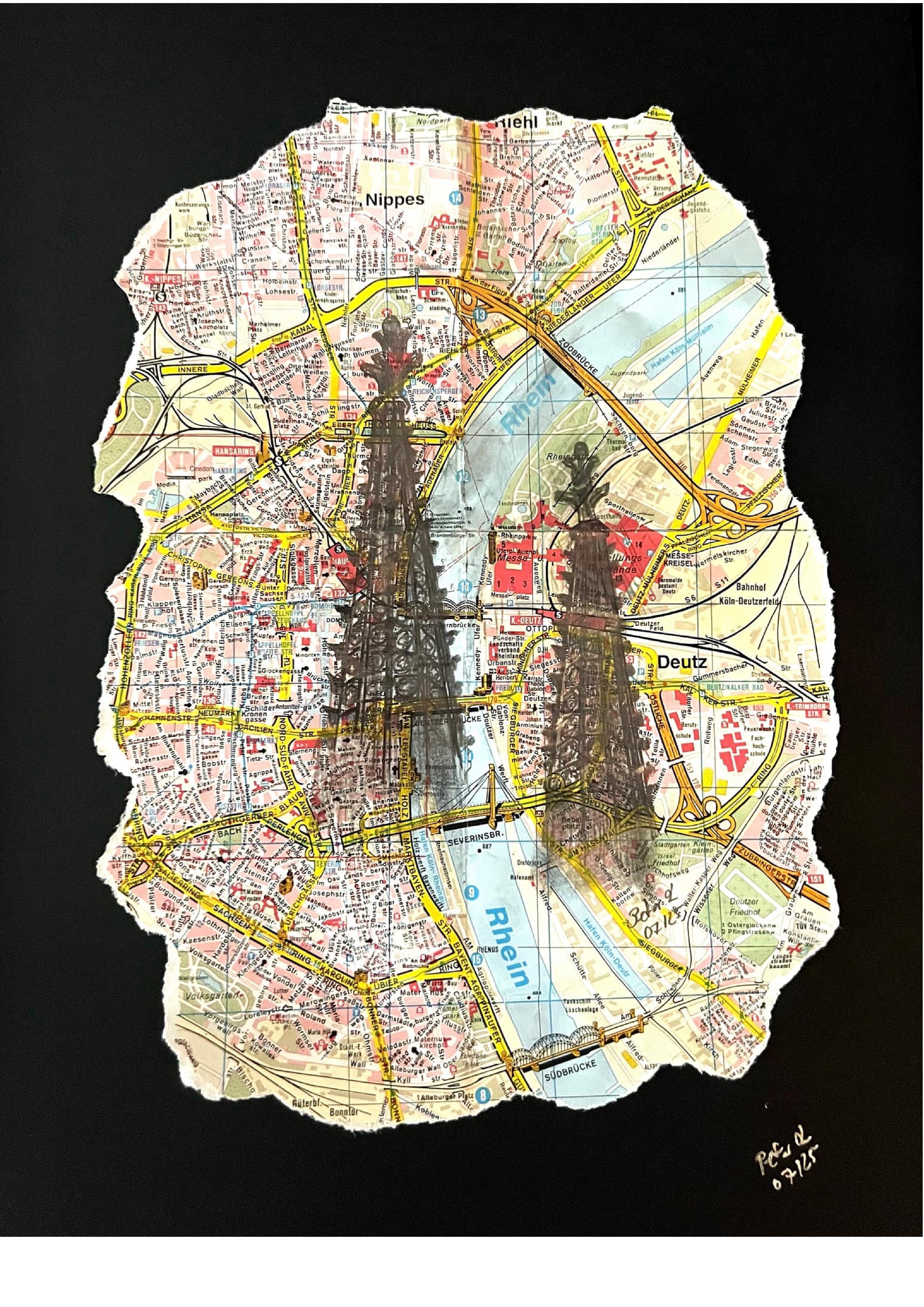 Zeichnung Kölner Domspitzen auf Stadtplan
